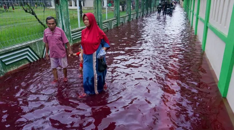الفيضانات تضرب قرية بإندونيسيا وتحوّل شوارعها إلى لون الدماء