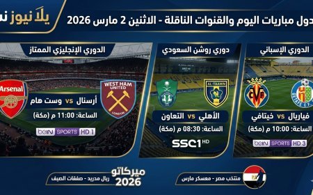 جدول مباريات اليوم والقنوات الناقلة الاثنين 2 مارس 2026