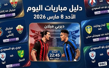 جدول مباريات اليوم الأحد 8 مارس 2026 والقنوات الناقلة والمعلقين