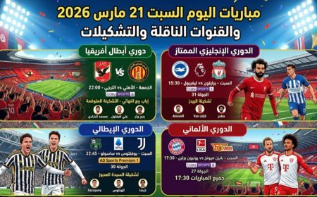 مباريات اليوم السبت 21 مارس 2026 والقنوات الناقلة والتشكيلات