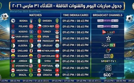 جدول مباريات اليوم والقنوات الناقلة الثلاثاء 31 مارس 2026