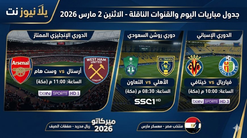 جدول مباريات اليوم والقنوات الناقلة الاثنين 2 مارس 2026