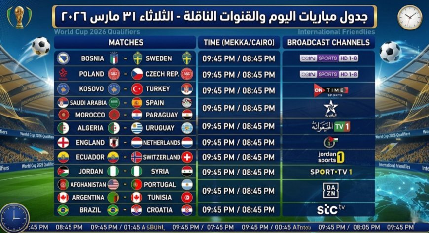 جدول مباريات اليوم والقنوات الناقلة الثلاثاء 31 مارس 2026