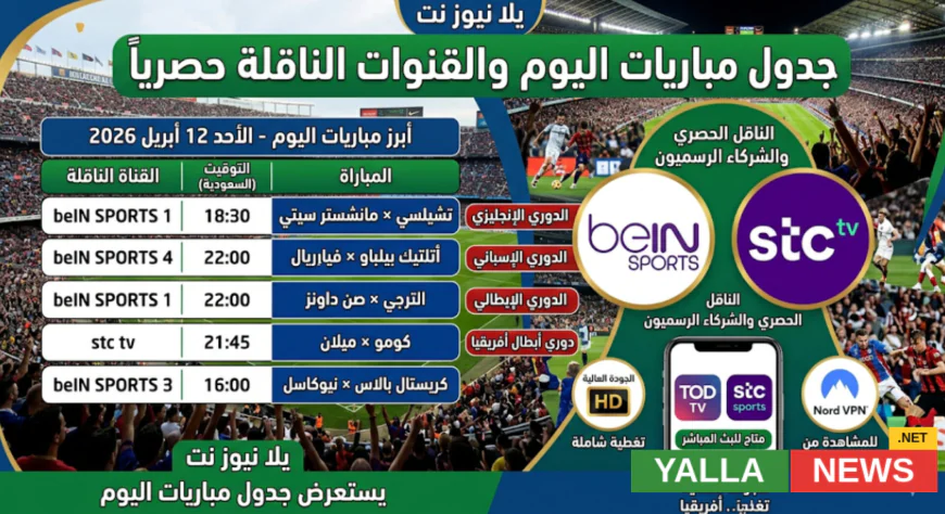 جدول مباريات اليوم والقنوات الناقلة حصرياً
