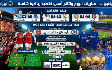 مباريات اليوم الأحد 3 مايو 2026 وجدول المواجهات والقنوات الناقلة