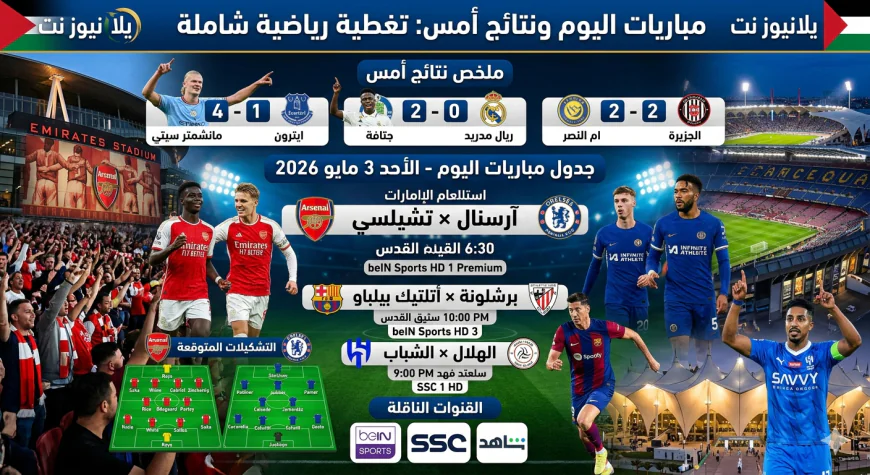 مباريات اليوم الأحد 3 مايو 2026 وجدول المواجهات والقنوات الناقلة