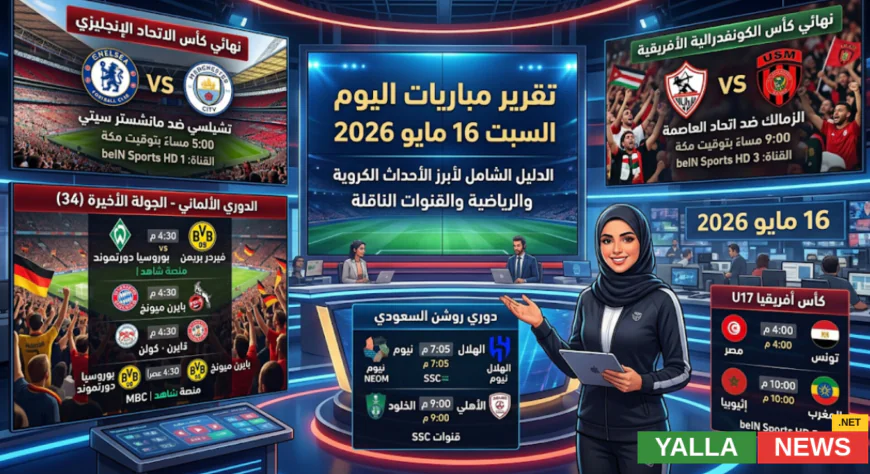 جدول مباريات اليوم السبت 16 مايو 2026 والقنوات الناقلة