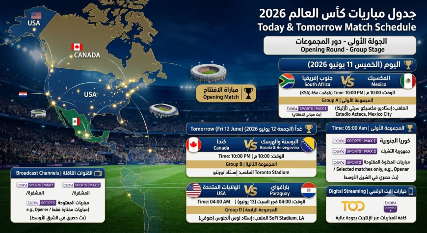 جدول مباريات كأس العالم 2026 اليوم وغداً والقنوات الناقلة