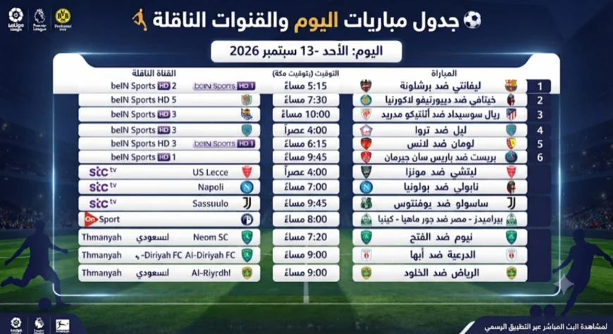 مباريات اليوم الأحد 13 سبتمبر 2026 والقنوات الناقلة