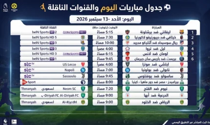 مباريات اليوم الأحد 13 سبتمبر 2026 والقنوات الناقلة