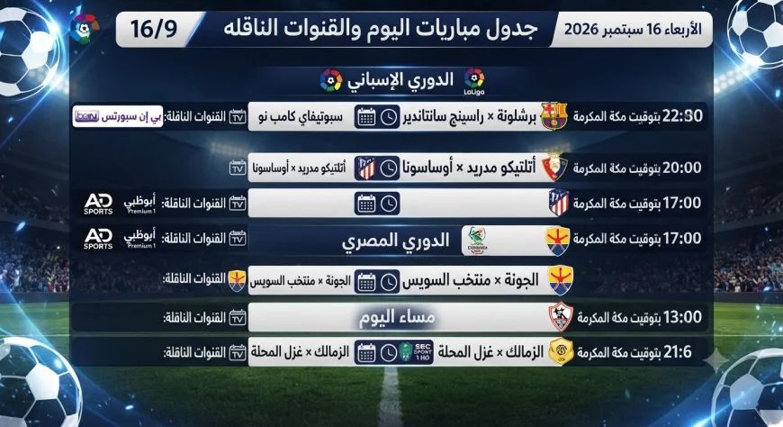 مباريات اليوم الأربعاء 16 سبتمبر 2026 والقنوات الناقلة