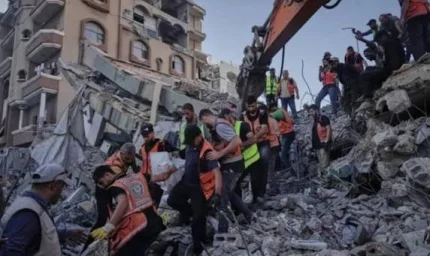 انتشال جثامين 21 شهيدًا من ركام بناية السعادة بغزة