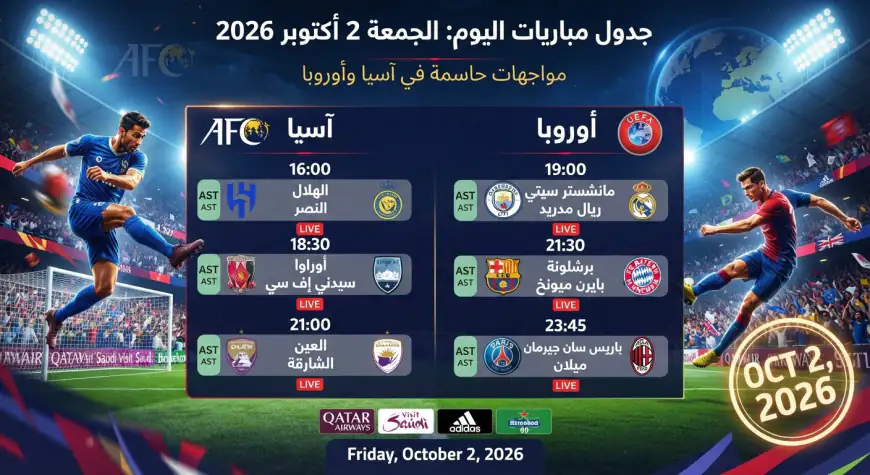 جدول مباريات اليوم الجمعه 2 اكتوبر 2026: مواجهات حاسمة في آسيا وأوروبا