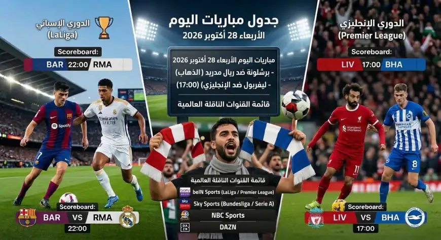 جدول مباريات اليوم الأربعاء 28 أكتوبر 2026 والقنوات الناقلة